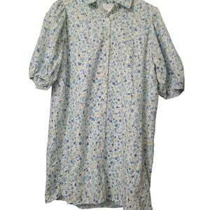 Sweet Lemon Shirt Dress Sz‎ Lg Blue Floral Puff Sleeve Party Shower Mini Tencel